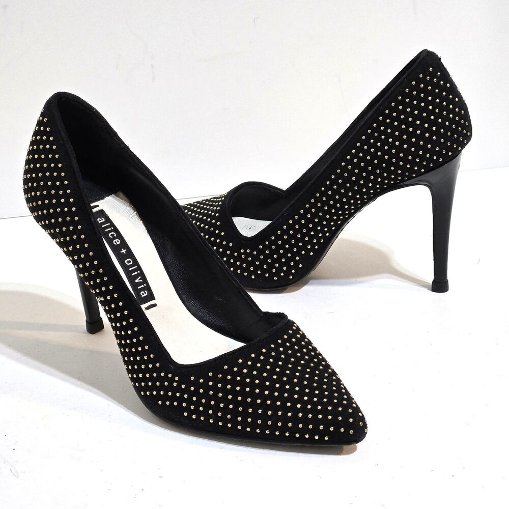 Alice + Olivia Gold Studs Pumps 3.75" stiletto Heel suede leather 35.5/5.5 READ